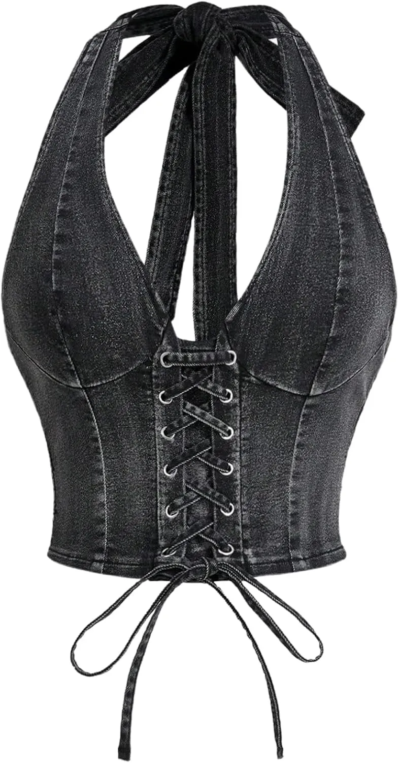 WDIRARA Women's Lace Up Front Denim Halter Tops Deep V Neck Tie Back Smocked Sleeveless Crop Top