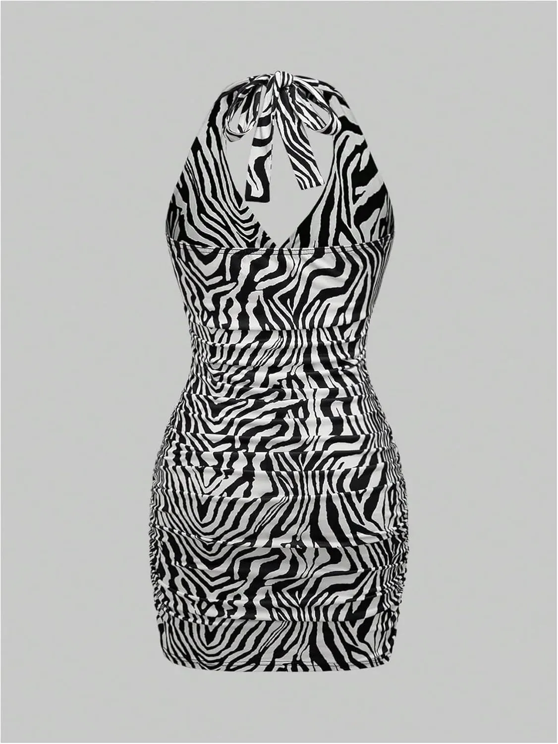 WDIRARA Women's Leopard Print Sexy Halter Mini Dress Ruched Tie Backless V Neck Sleeveless Bodycon Dresses