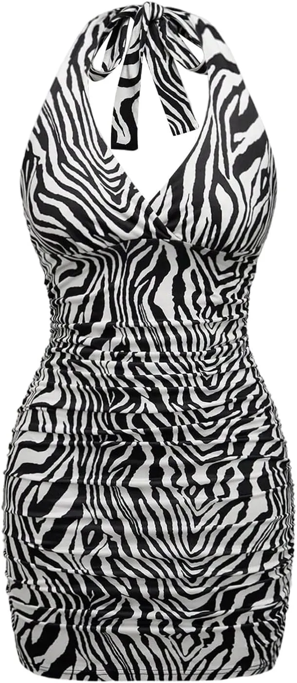 WDIRARA Women's Leopard Print Sexy Halter Mini Dress Ruched Tie Backless V Neck Sleeveless Bodycon Dresses