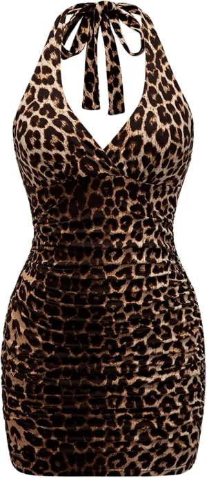 WDIRARA Women's Leopard Print Sexy Halter Mini Dress Ruched Tie Backless V Neck Sleeveless Bodycon Dresses