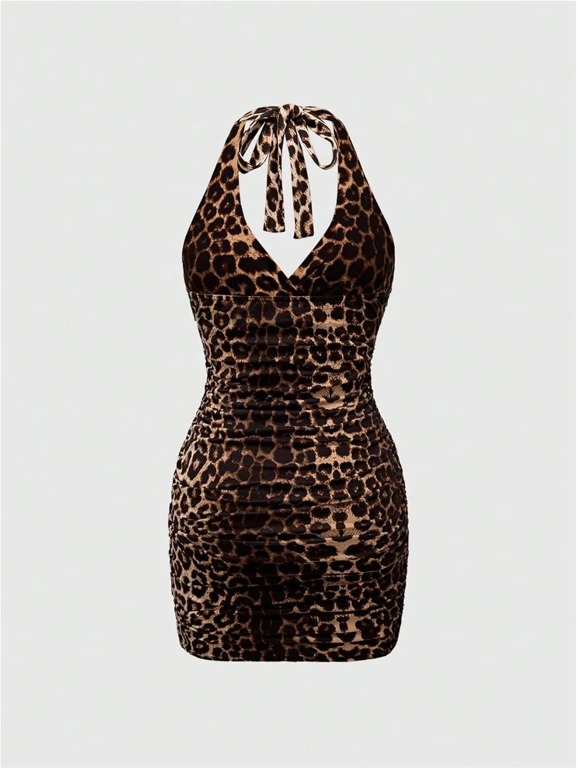 WDIRARA Women's Leopard Print Sexy Halter Mini Dress Ruched Tie Backless V Neck Sleeveless Bodycon Dresses