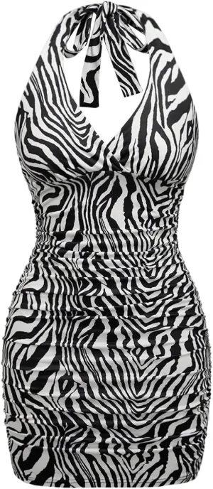 WDIRARA Women's Leopard Print Sexy Halter Mini Dress Ruched Tie Backless V Neck Sleeveless Bodycon Dresses