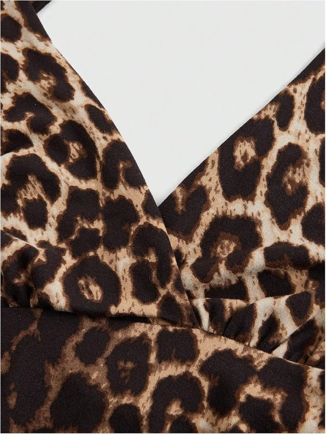 WDIRARA Women's Leopard Print Sexy Halter Mini Dress Ruched Tie Backless V Neck Sleeveless Bodycon Dresses
