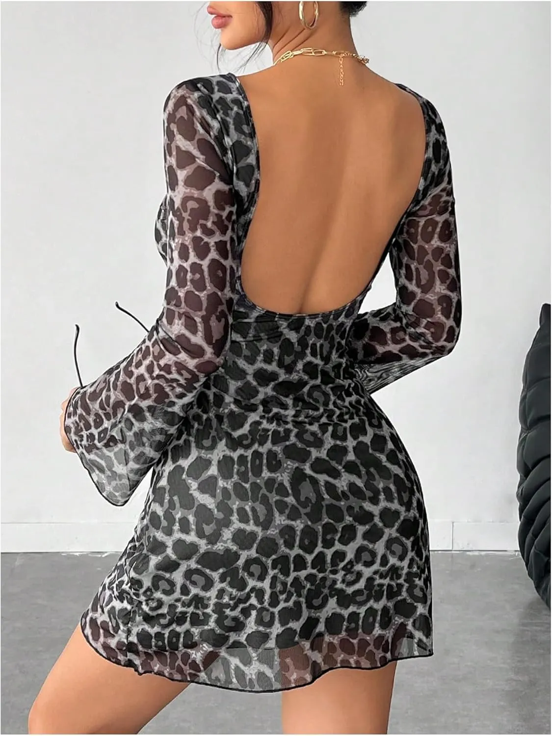 WDIRARA Women's Petite Leopard Print Boat Neck Dress Bell Long Sleeve Backless Mesh Bodycon Mini Dress