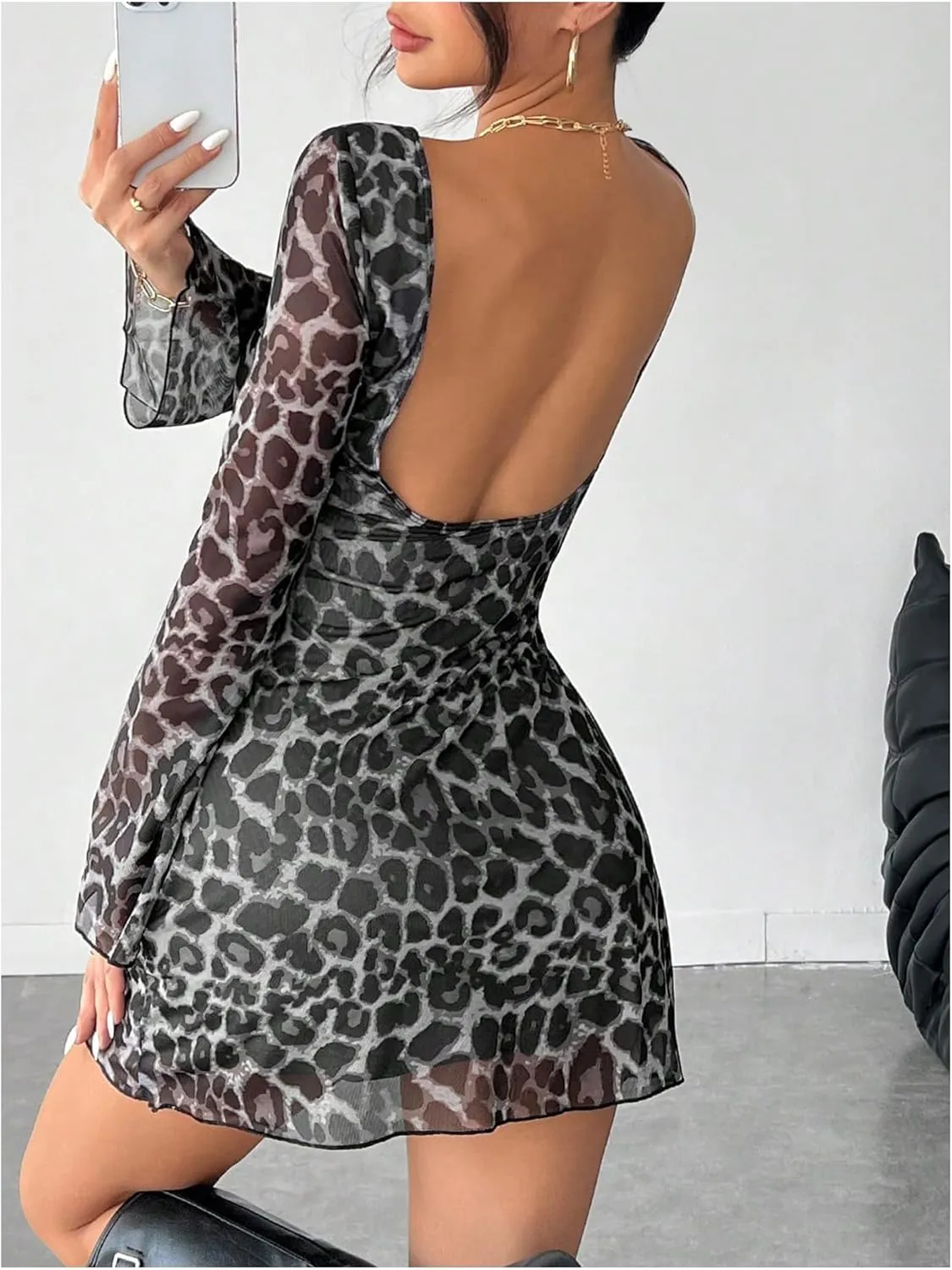WDIRARA Women's Petite Leopard Print Boat Neck Dress Bell Long Sleeve Backless Mesh Bodycon Mini Dress
