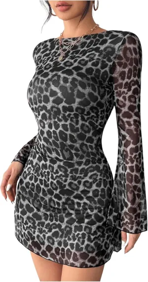 WDIRARA Women's Petite Leopard Print Boat Neck Dress Bell Long Sleeve Backless Mesh Bodycon Mini Dress