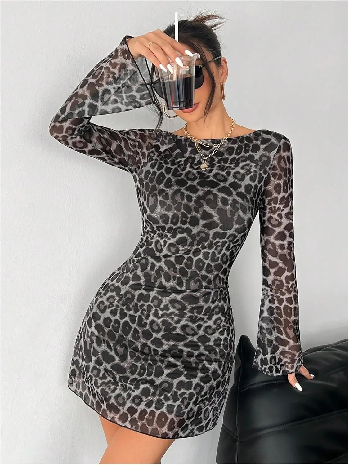 WDIRARA Women's Petite Leopard Print Boat Neck Dress Bell Long Sleeve Backless Mesh Bodycon Mini Dress