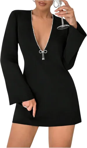WDIRARA Women's Rhinestone V Neck Bodycon Mini Dress Glitter Long Sleeve Party Clubwear Dress