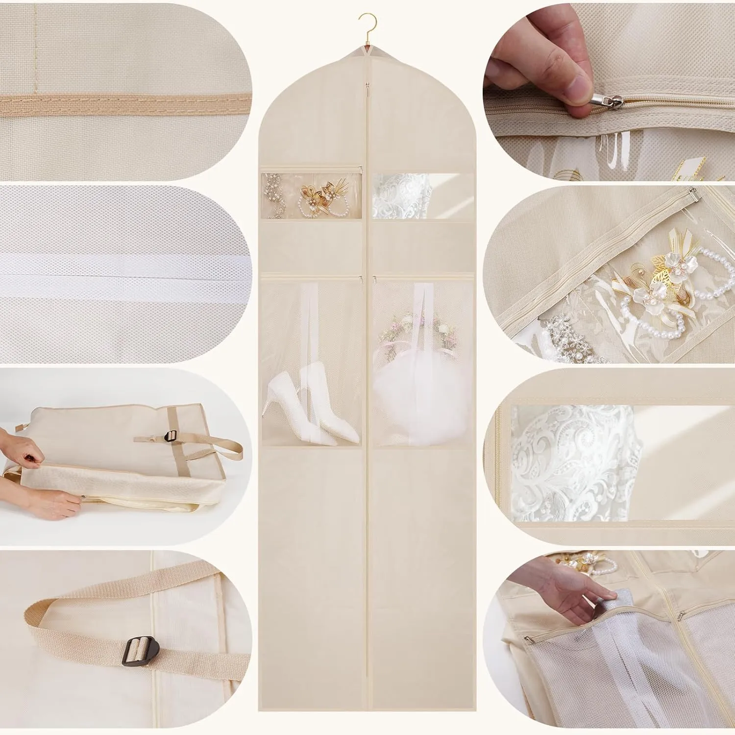 Wedding Dress Garment Bag,72 Tri-Fold Bridal Gown Bag with 6 Pouches and Adjustable Buckle Gown Cover for Wedding/Prom/Travel/Closet Storage (Beige)