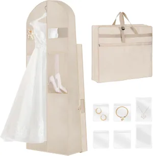 Wedding Dress Garment Bag,72 Tri-Fold Bridal Gown Bag with 6 Pouches and Adjustable Buckle Gown Cover for Wedding/Prom/Travel/Closet Storage (Beige)