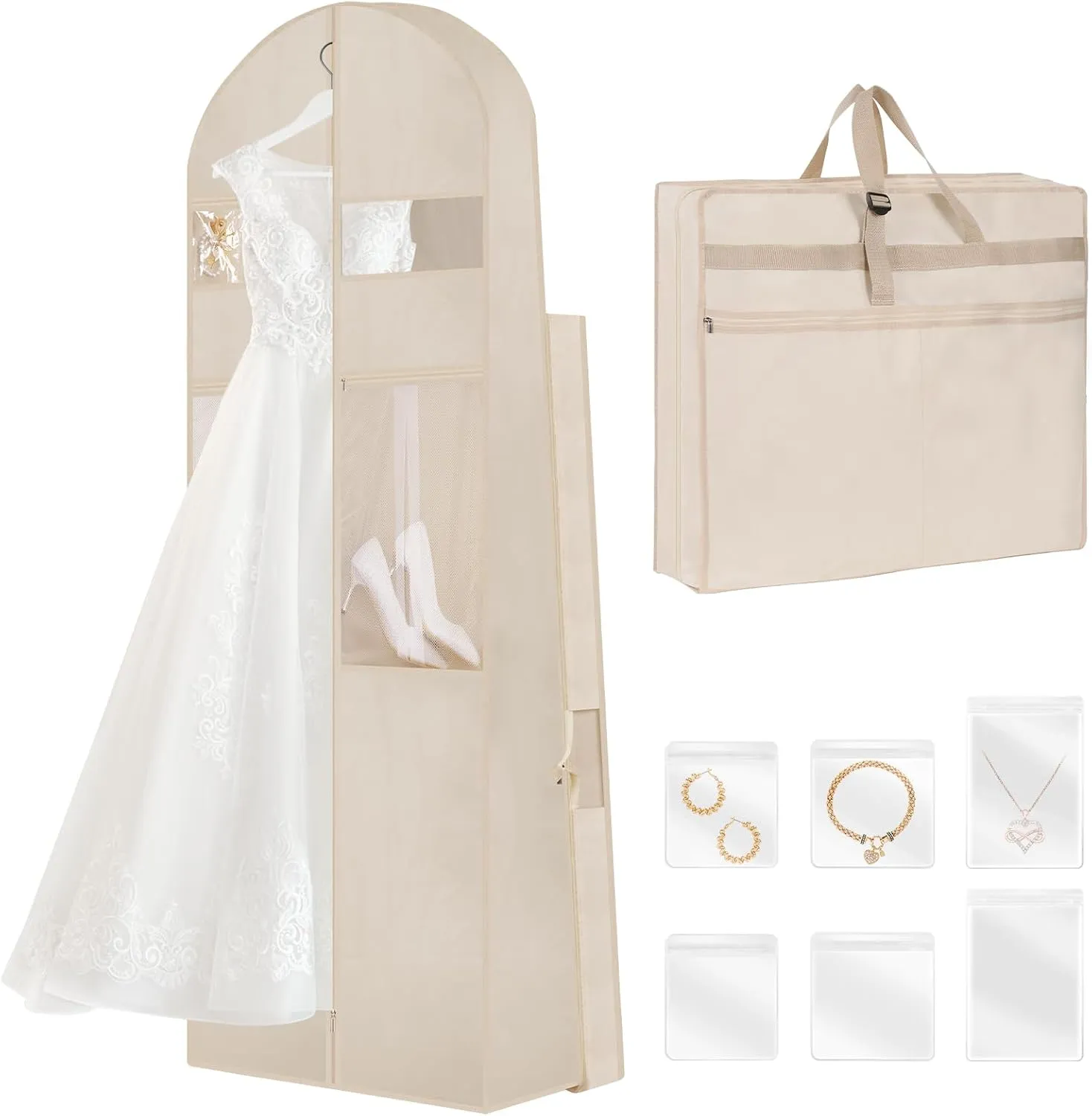 Wedding Dress Garment Bag,72 Tri-Fold Bridal Gown Bag with 6 Pouches and Adjustable Buckle Gown Cover for Wedding/Prom/Travel/Closet Storage (Beige)