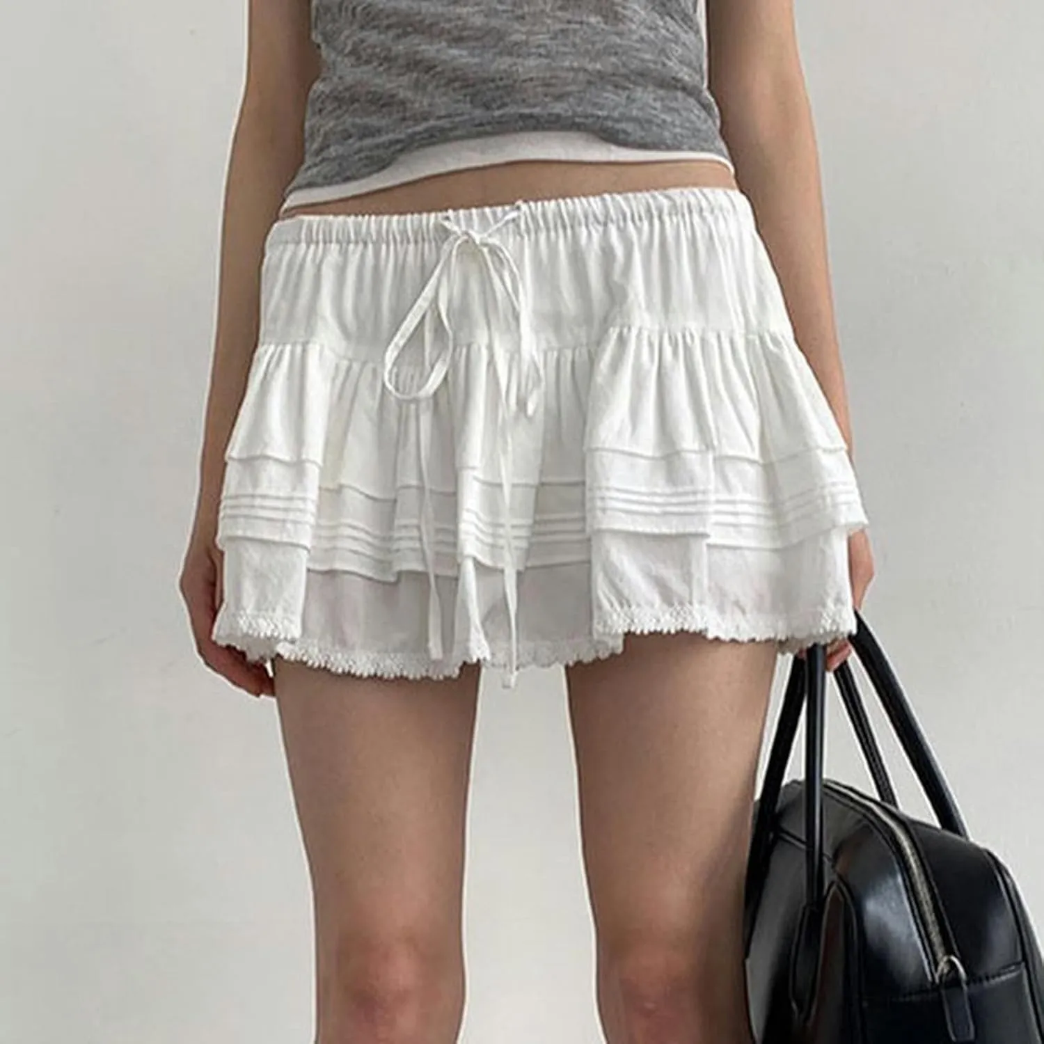 White Basic lace-up Skirt for Women Summer Fashion Pleated Low Waist Woven Short Skirt