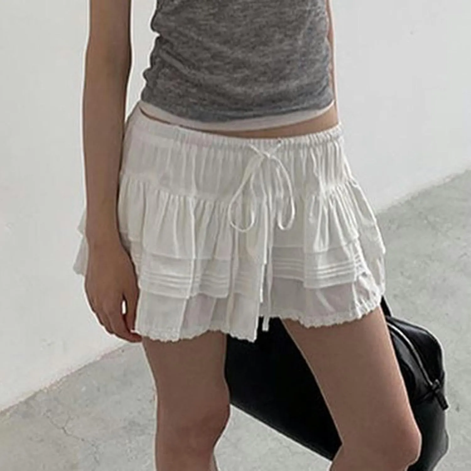 White Basic lace-up Skirt for Women Summer Fashion Pleated Low Waist Woven Short Skirt