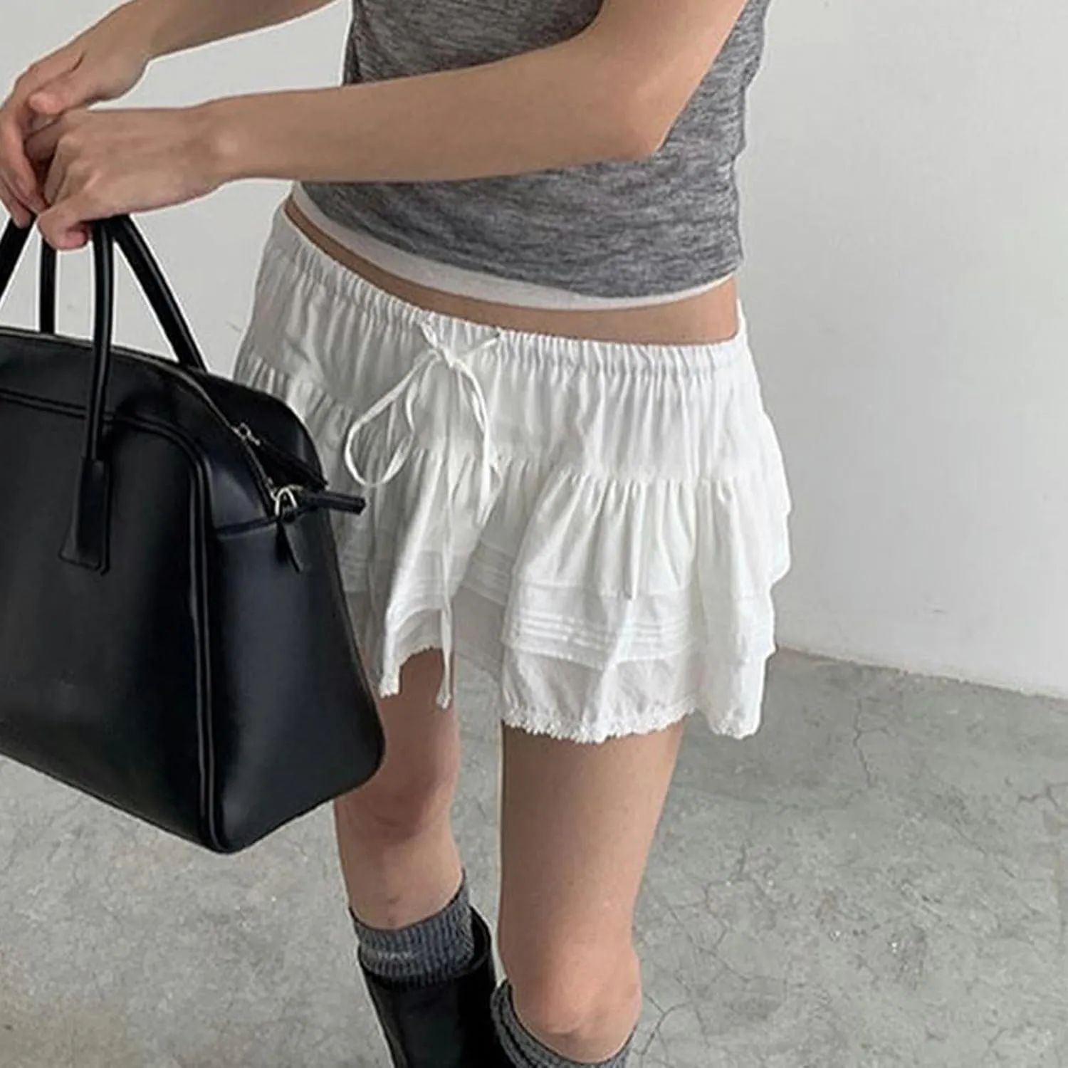 White Basic lace-up Skirt for Women Summer Fashion Pleated Low Waist Woven Short Skirt