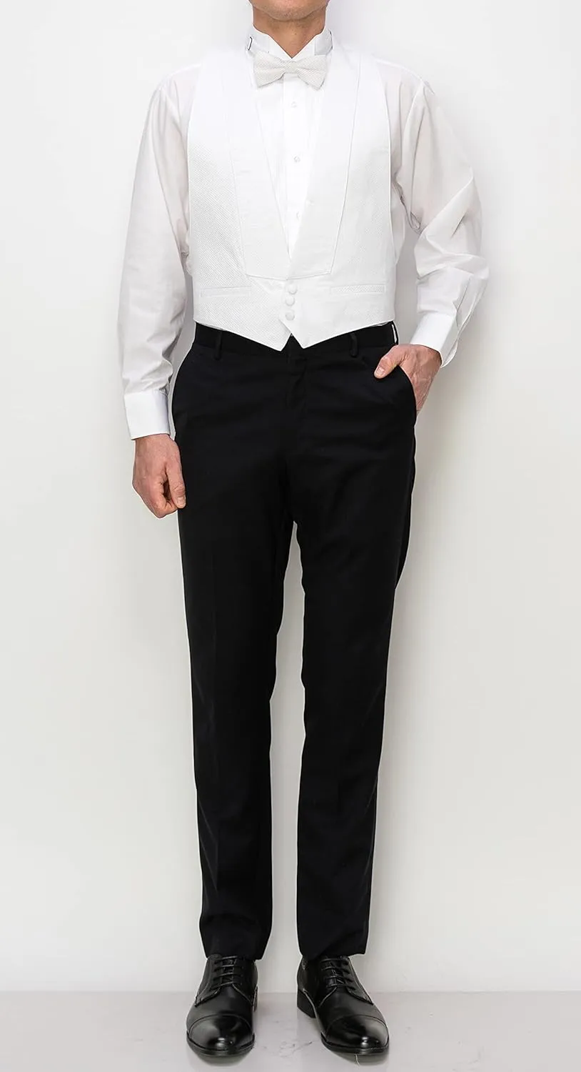 White Cotton Pique Tuxedo Openback(Backless) Vest, with White Pique Bowtie