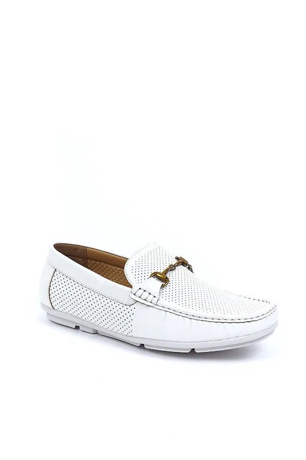 WHITE PU PERFORATED HORSE BIT DETAIL LOAFERS