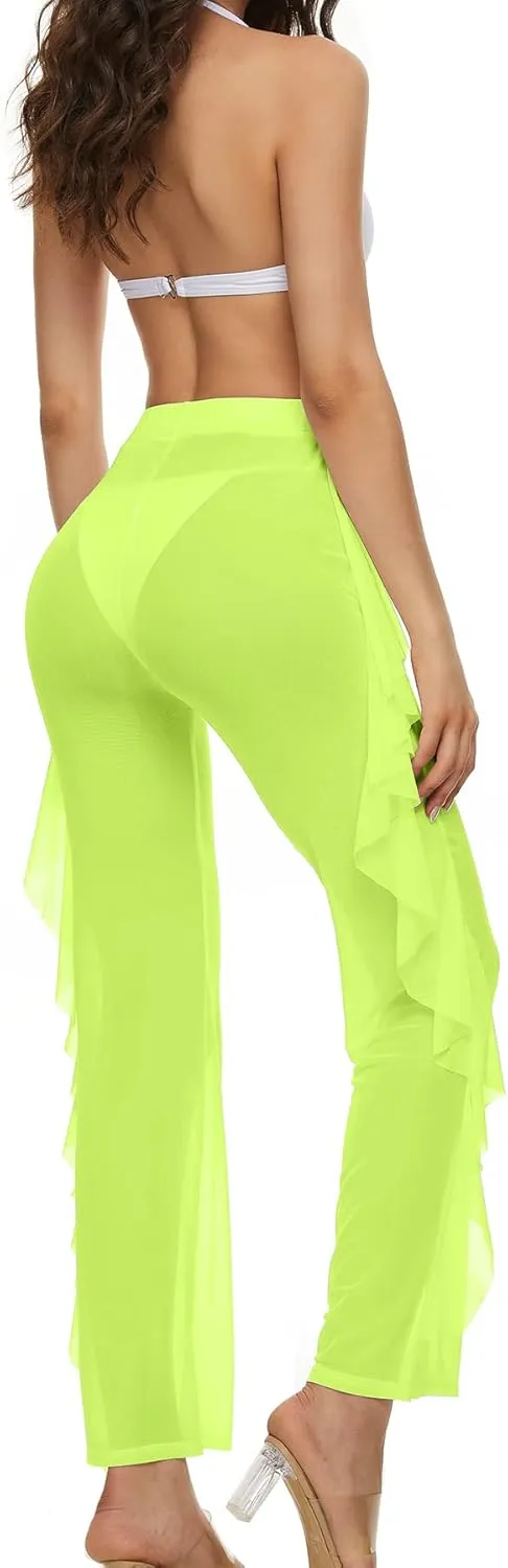 Willow Dance Women's Perspective Sheer Mesh Ruffle Pants Swimsuit Bikini Bottom Cover up Pants