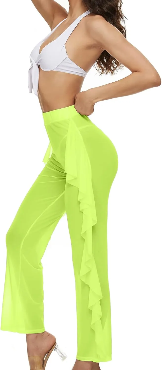 Willow Dance Women's Perspective Sheer Mesh Ruffle Pants Swimsuit Bikini Bottom Cover up Pants