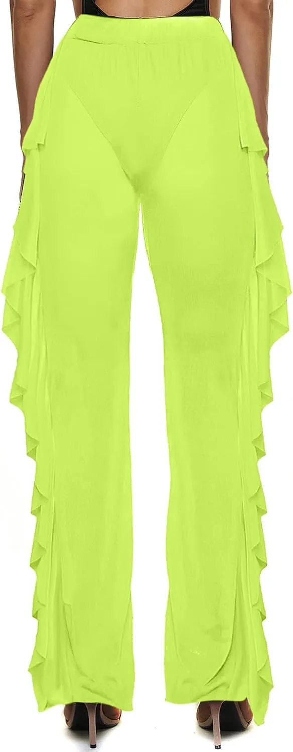 Willow Dance Women's Perspective Sheer Mesh Ruffle Pants Swimsuit Bikini Bottom Cover up Pants