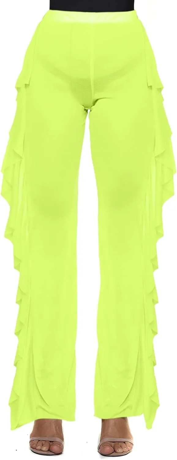 Willow Dance Women's Perspective Sheer Mesh Ruffle Pants Swimsuit Bikini Bottom Cover up Pants