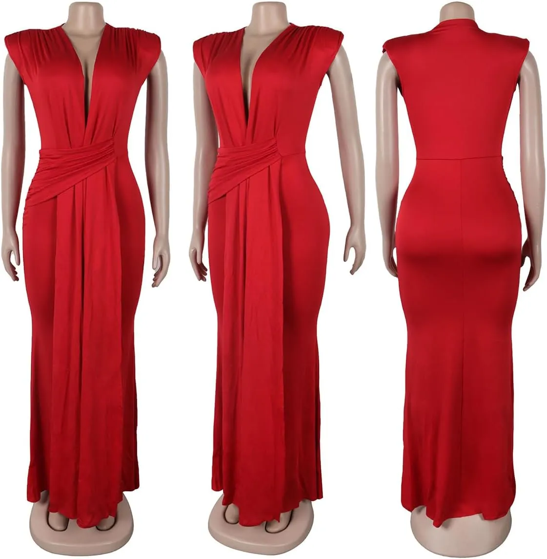 WOKANSE Formal Dresses for Women Sexy Sleeveless Deep V Neck Ruched Bodycon Party Evening Gown Maxi Dress