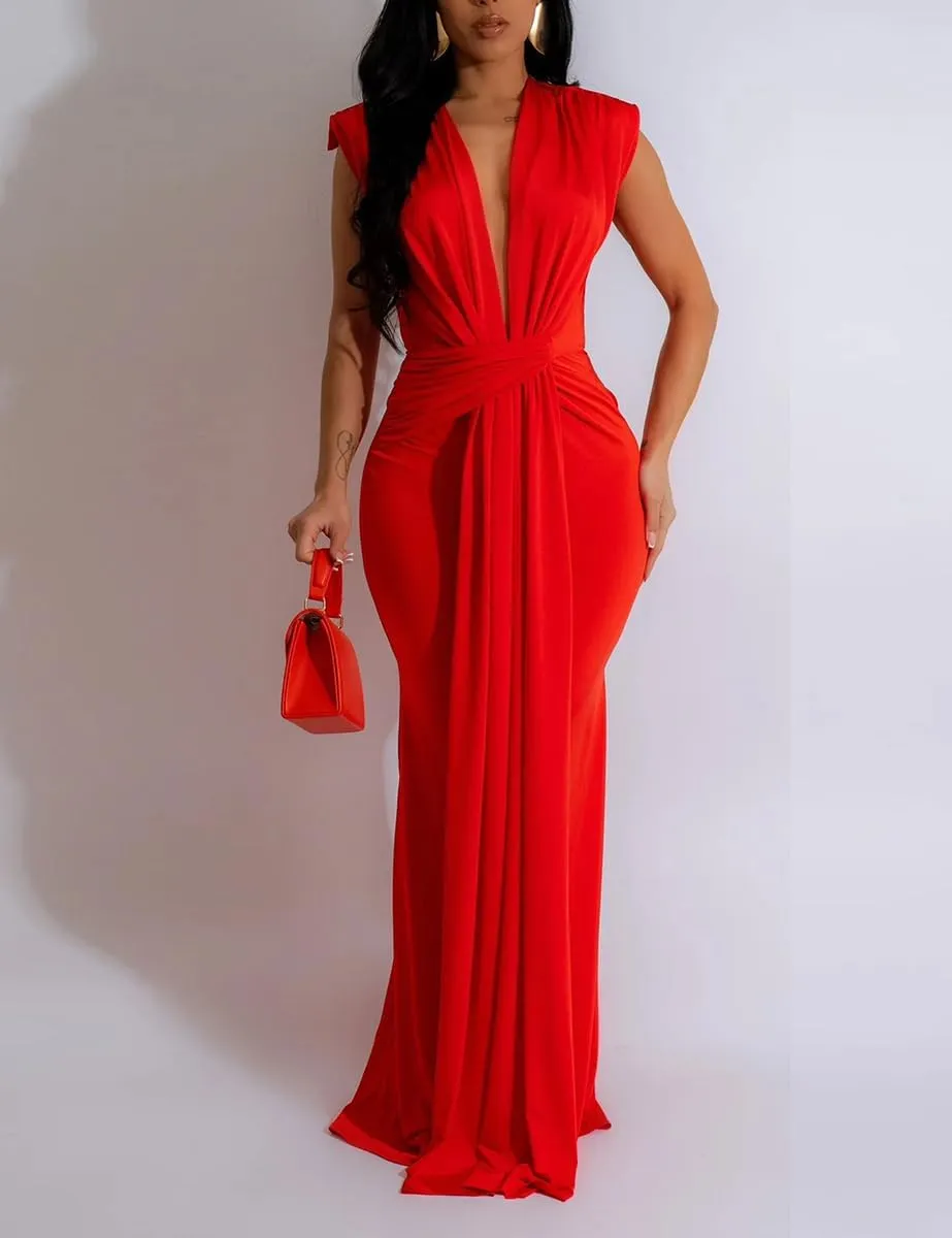 WOKANSE Formal Dresses for Women Sexy Sleeveless Deep V Neck Ruched Bodycon Party Evening Gown Maxi Dress