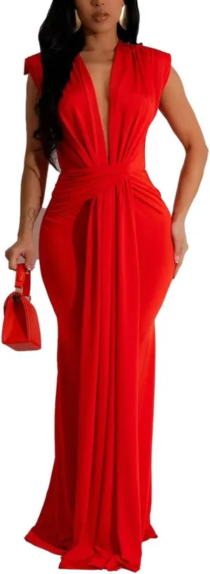 WOKANSE Formal Dresses for Women Sexy Sleeveless Deep V Neck Ruched Bodycon Party Evening Gown Maxi Dress