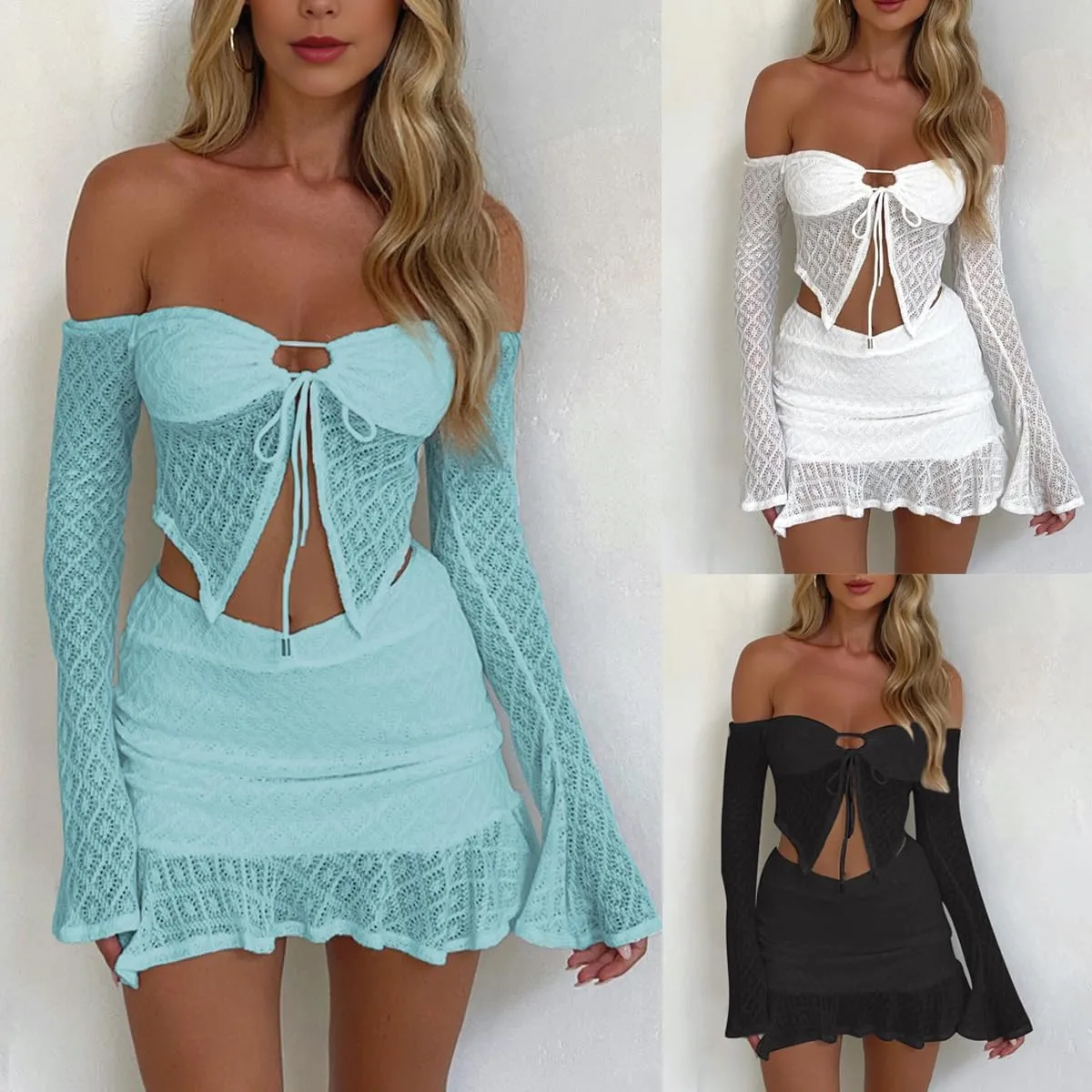 Women 2 Piece Bodycon Mini Skirt Set Long Sleeve Tie Up Floral Lace Corset Crop Top Wrapped Mini Skirt Set