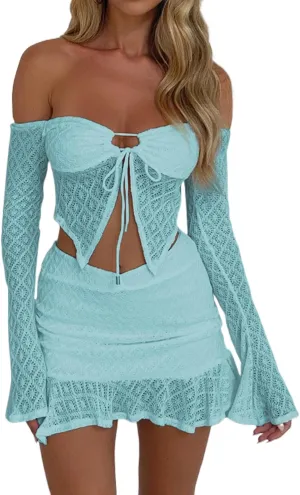 Women 2 Piece Bodycon Mini Skirt Set Long Sleeve Tie Up Floral Lace Corset Crop Top Wrapped Mini Skirt Set