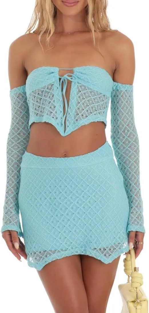 Women 2 Piece Bodycon Mini Skirt Set Long Sleeve Tie Up Floral Lace Corset Crop Top Wrapped Mini Skirt Set
