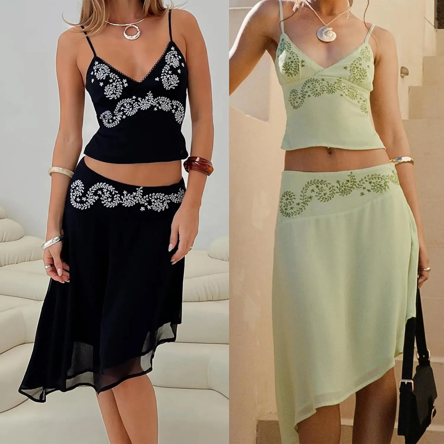 Women 2 Piece Maxi Skirt Set Spaghetti Straps Backless Cropped Cami Top Ruffle Long Skirt Beach Cocktail Outfits