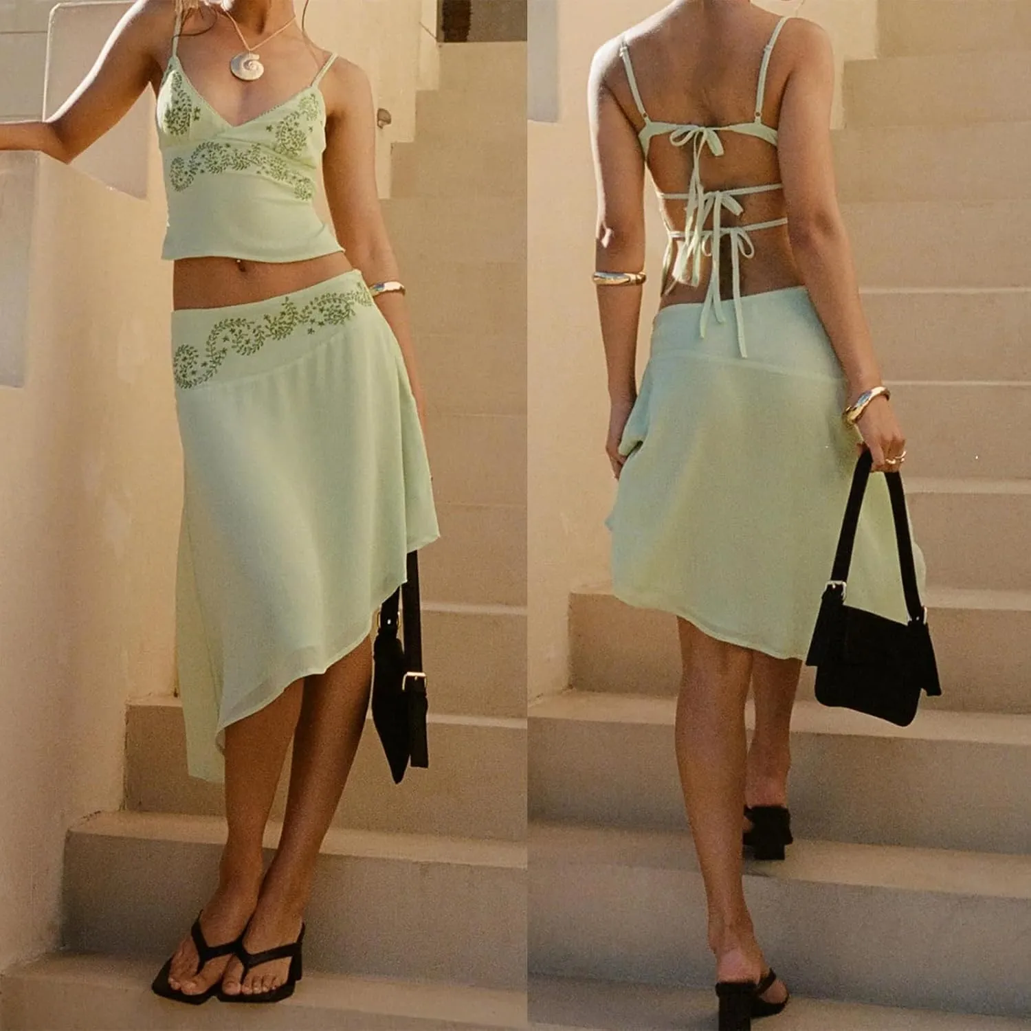 Women 2 Piece Maxi Skirt Set Spaghetti Straps Backless Cropped Cami Top Ruffle Long Skirt Beach Cocktail Outfits