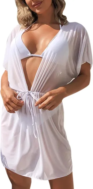 Women Beach Bikini Cover Up Mesh Swimwear Dress Sheer Swimsuit V Neck Sundress Beachwear Coverup for Summer Holidays