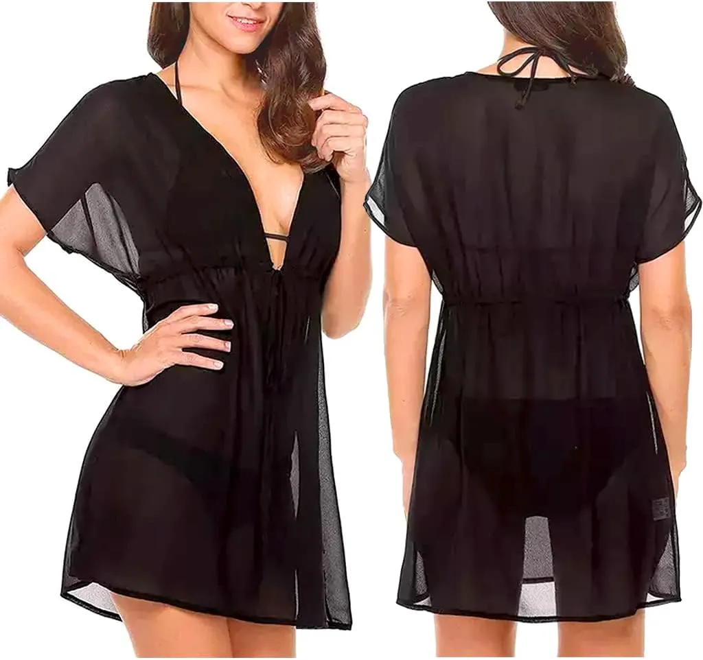 Women Beach Bikini Cover Up Mesh Swimwear Dress Sheer Swimsuit V Neck Sundress Beachwear Coverup for Summer Holidays