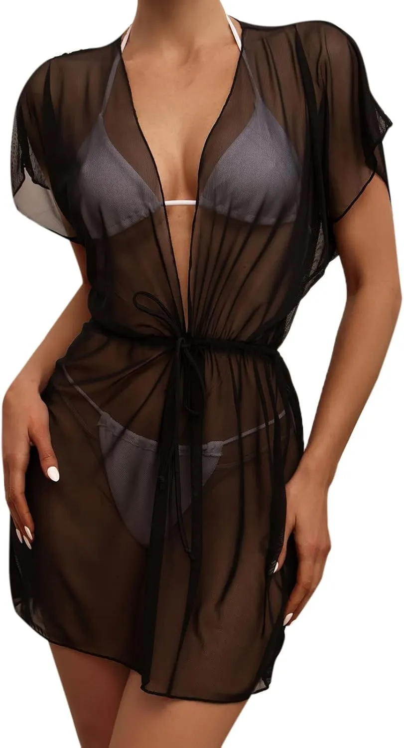 Women Beach Bikini Cover Up Mesh Swimwear Dress Sheer Swimsuit V Neck Sundress Beachwear Coverup for Summer Holidays