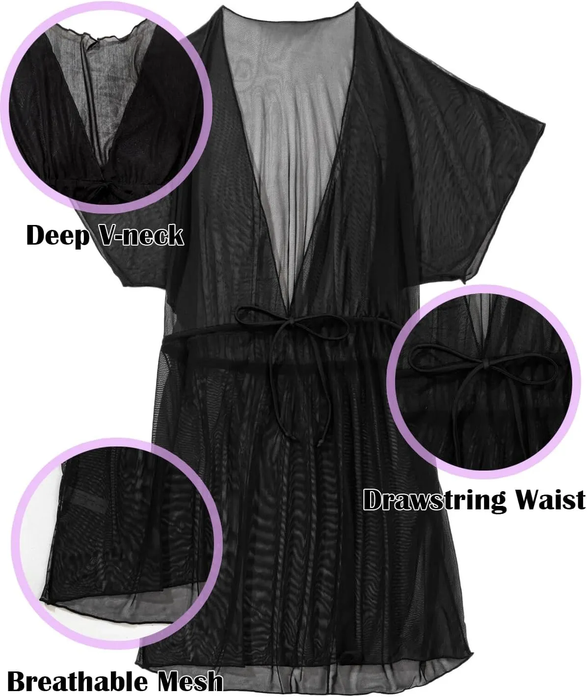 Women Beach Bikini Cover Up Mesh Swimwear Dress Sheer Swimsuit V Neck Sundress Beachwear Coverup for Summer Holidays