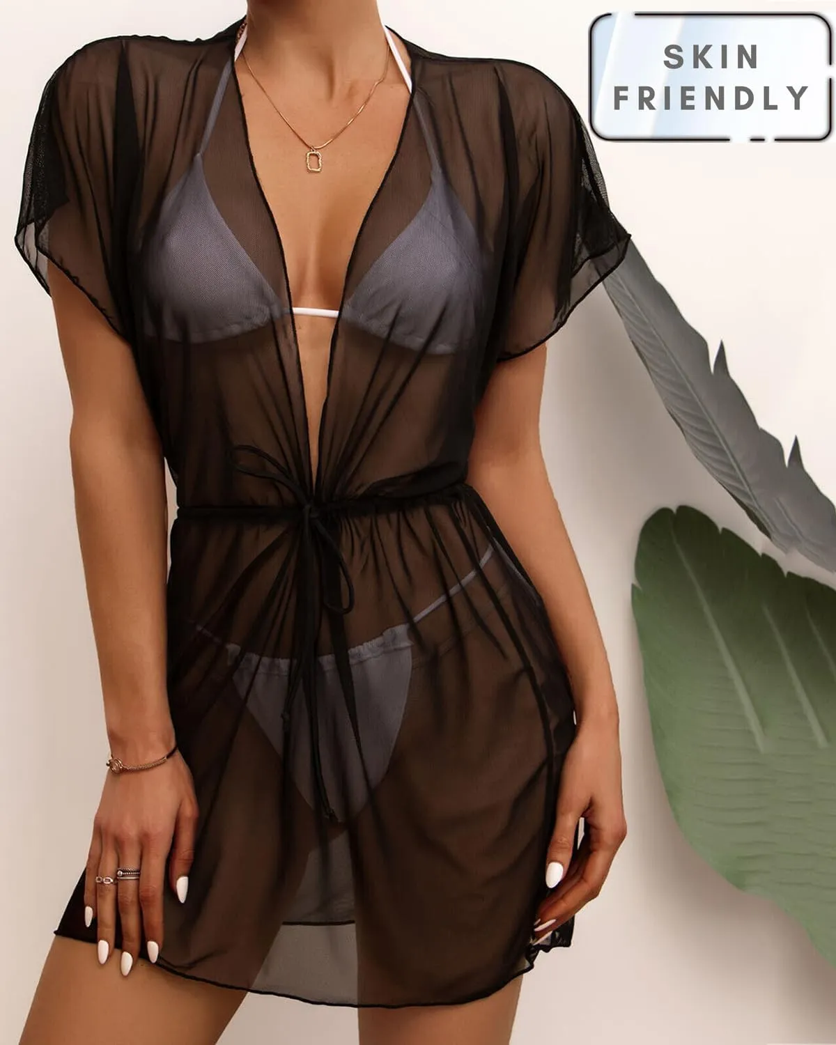 Women Beach Bikini Cover Up Mesh Swimwear Dress Sheer Swimsuit V Neck Sundress Beachwear Coverup for Summer Holidays