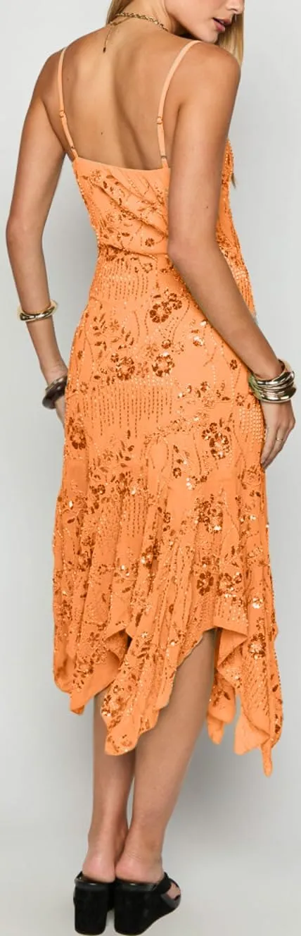 Women Beaded Sequin Midi Dress Glitter Rhinestone Spaghetti Strap Dress Sparkly Irregular Hem Flowy Party Dresses