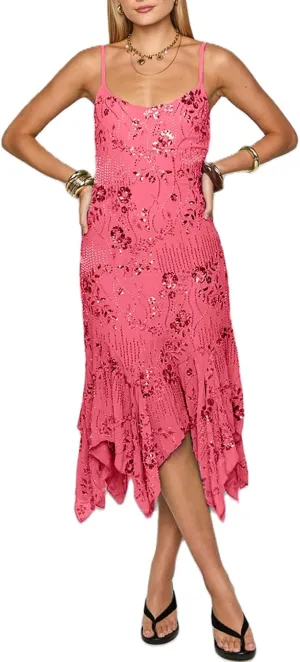 Women Beaded Sequin Midi Dress Glitter Rhinestone Spaghetti Strap Dress Sparkly Irregular Hem Flowy Party Dresses