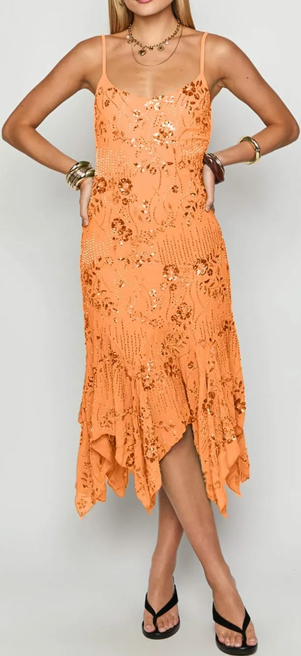 Women Beaded Sequin Midi Dress Glitter Rhinestone Spaghetti Strap Dress Sparkly Irregular Hem Flowy Party Dresses