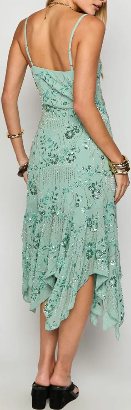 Women Beaded Sequin Midi Dress Glitter Rhinestone Spaghetti Strap Dress Sparkly Irregular Hem Flowy Party Dresses