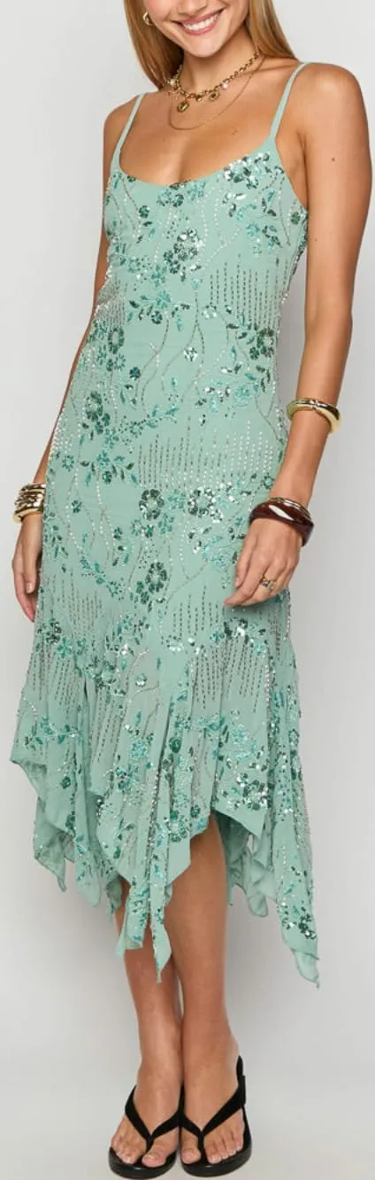 Women Beaded Sequin Midi Dress Glitter Rhinestone Spaghetti Strap Dress Sparkly Irregular Hem Flowy Party Dresses