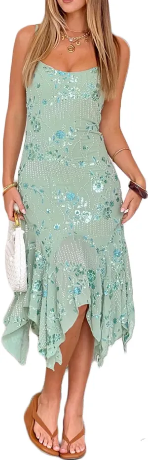 Women Beaded Sequin Midi Dress Glitter Rhinestone Spaghetti Strap Dress Sparkly Irregular Hem Flowy Party Dresses