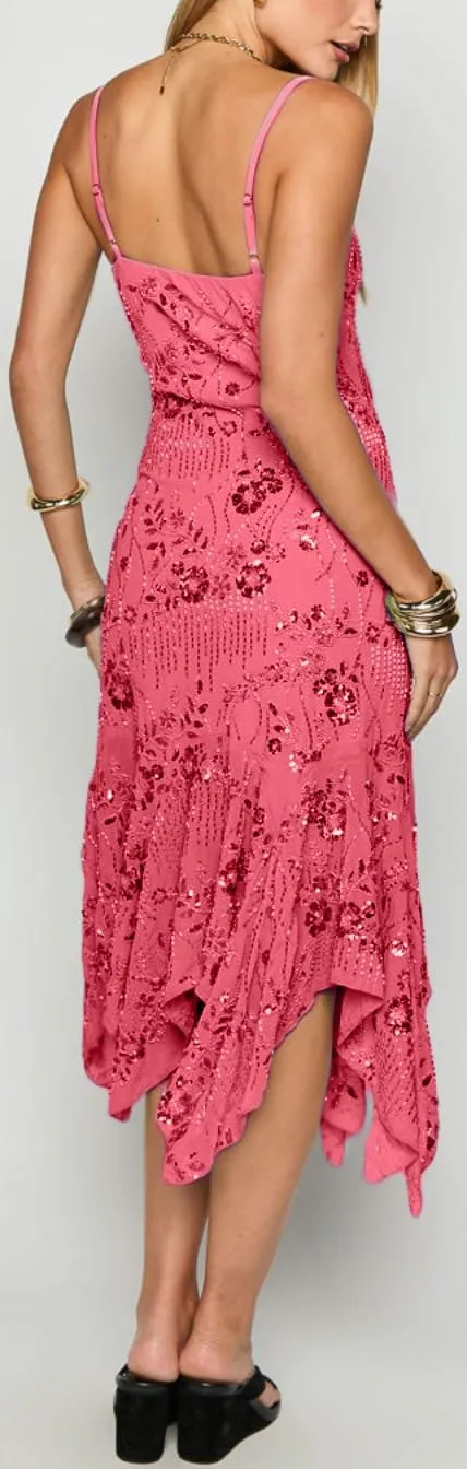 Women Beaded Sequin Midi Dress Glitter Rhinestone Spaghetti Strap Dress Sparkly Irregular Hem Flowy Party Dresses