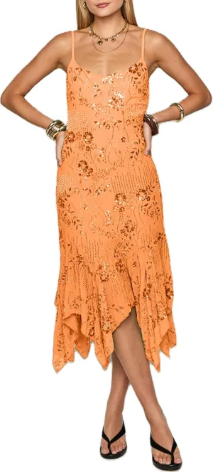 Women Beaded Sequin Midi Dress Glitter Rhinestone Spaghetti Strap Dress Sparkly Irregular Hem Flowy Party Dresses
