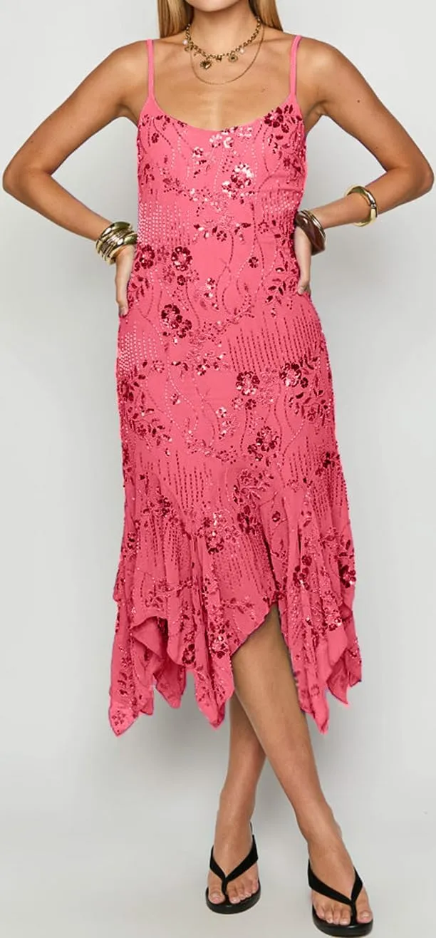 Women Beaded Sequin Midi Dress Glitter Rhinestone Spaghetti Strap Dress Sparkly Irregular Hem Flowy Party Dresses