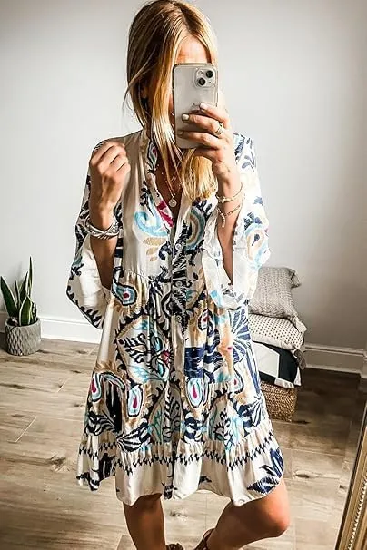 Women Boho Midi Dress Vintage Tribal Print Button Down Ruffle Sleeve Flowy Beach Dress