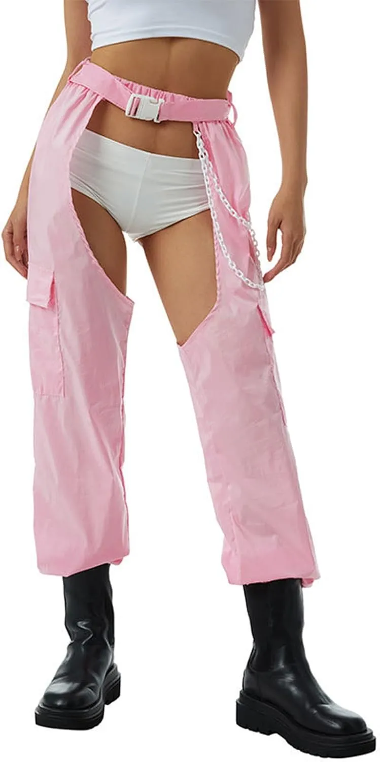 Women Bottomless Cargo Pants Sexy High Waist Buckle Rave Hollow Out Sexy Pants See Through Fashion Cargo Long Trousers