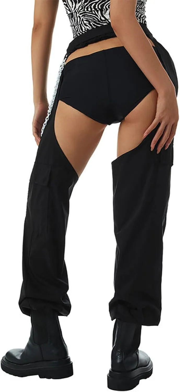 Women Bottomless Cargo Pants Sexy High Waist Buckle Rave Hollow Out Sexy Pants See Through Fashion Cargo Long Trousers