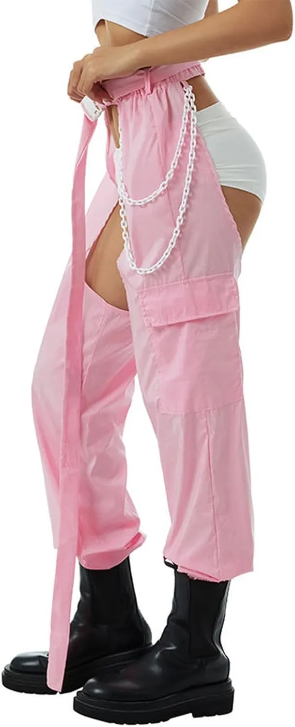 Women Bottomless Cargo Pants Sexy High Waist Buckle Rave Hollow Out Sexy Pants See Through Fashion Cargo Long Trousers